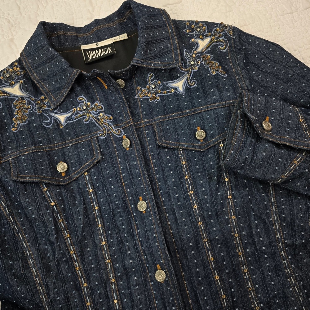 Vintage 90s Western Denim Jacket Embellished Yak Magik Sequins Beaded S Nepal